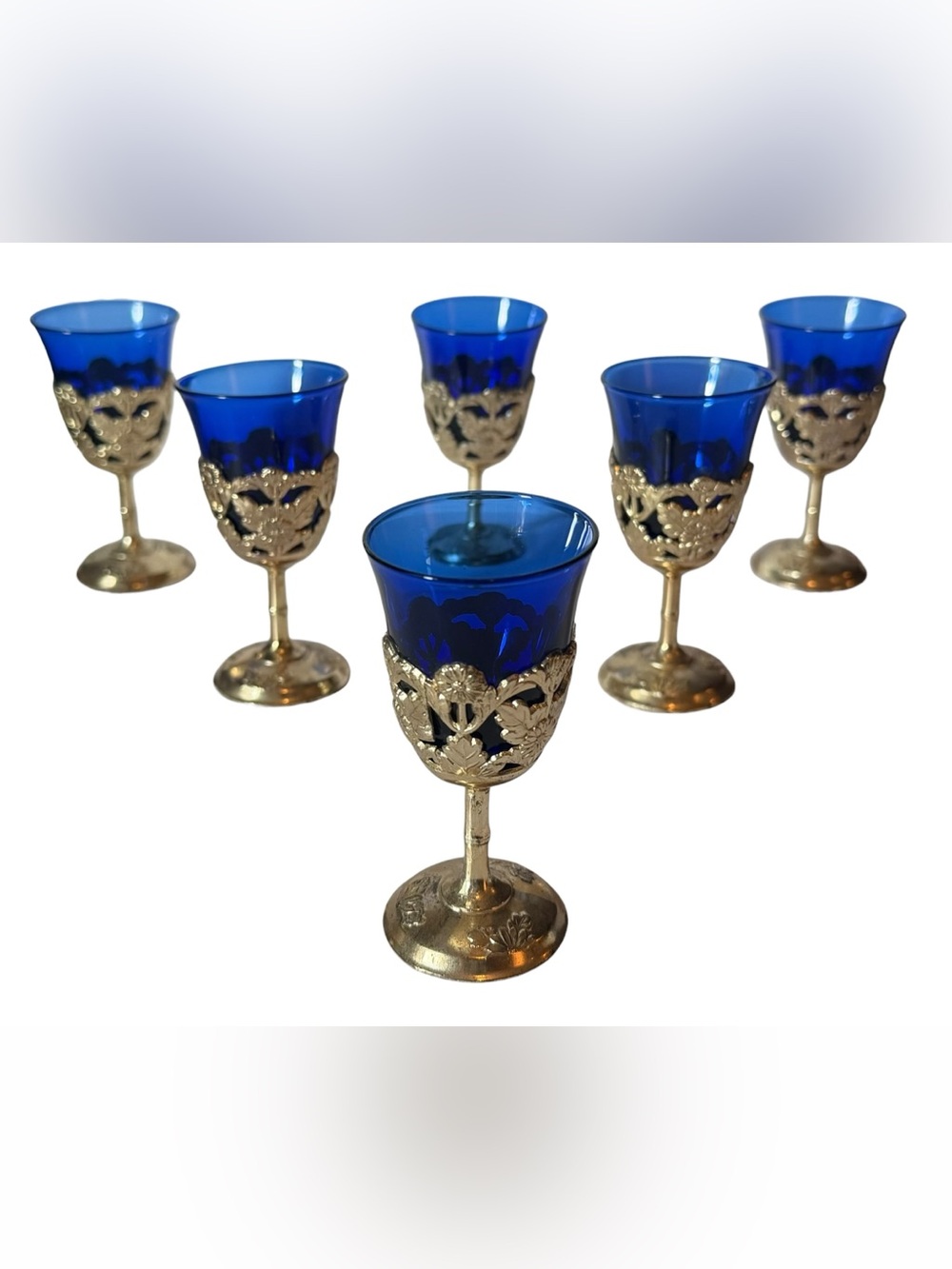 Set of 6 Vintage American Cut Crystal Corporation Cobalt Blue Cordial Glasses